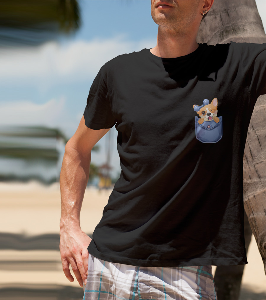 Corgi In Blue Pocket With Winking Bow T-Shirt