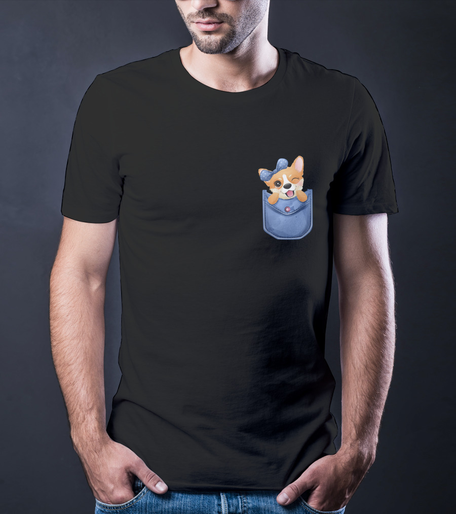 Corgi In Blue Pocket With Winking Bow T-Shirt
