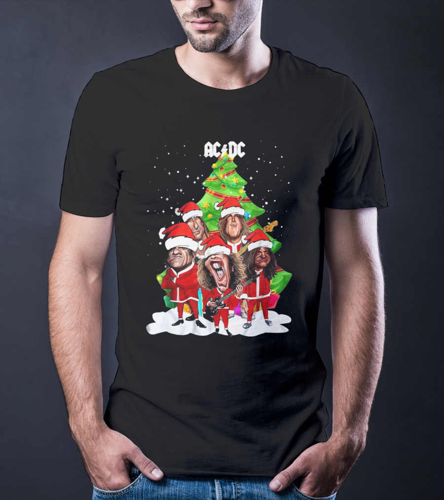 ACDC Christmas Band Santa Hats Cartoon Snow Guitar Christmas Tree T-Shirt