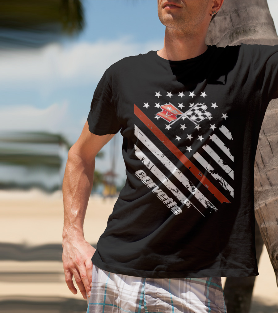 Corvette C3 American Flag Vintage Racing Stripes And Emblems T-Shirt