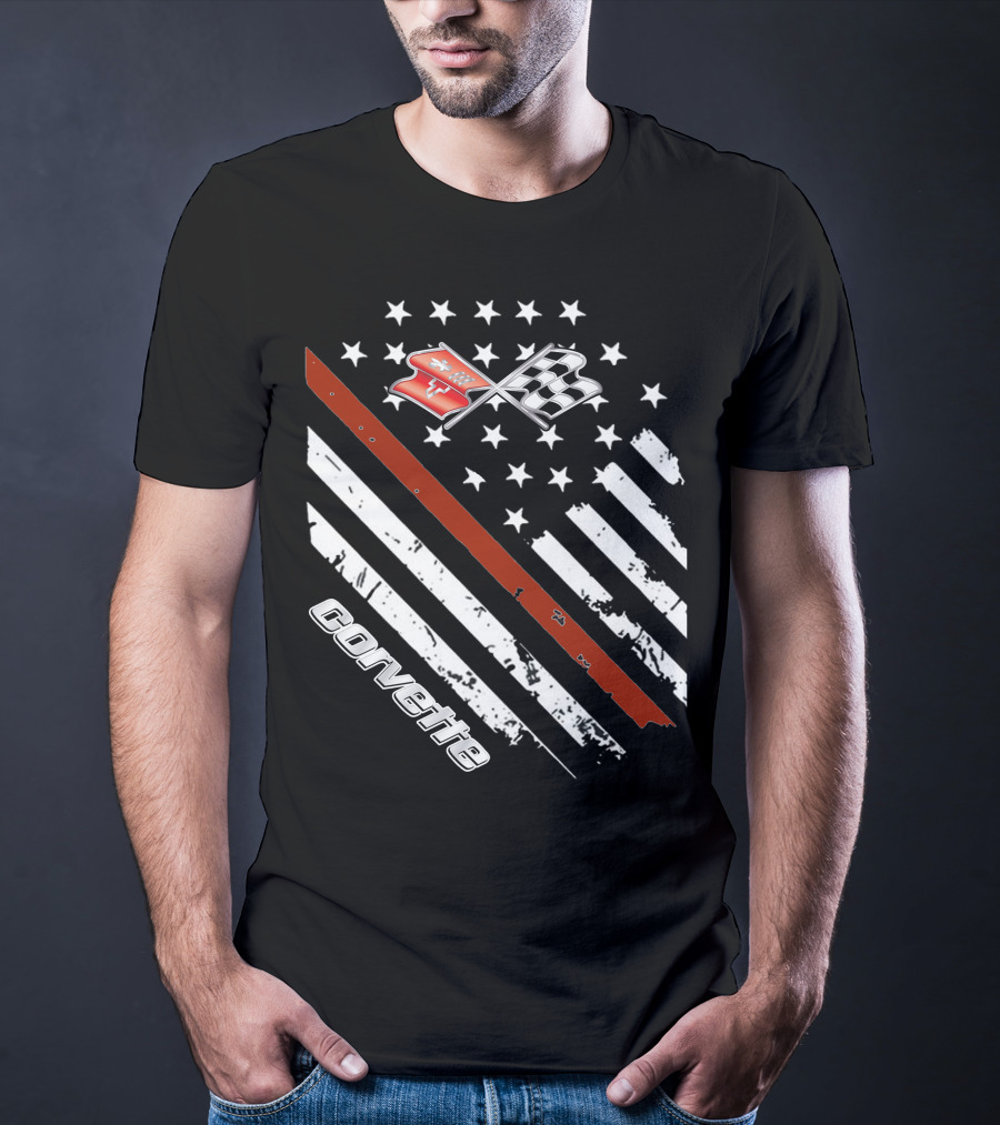 Corvette C3 American Flag Vintage Racing Stripes And Emblems T-Shirt