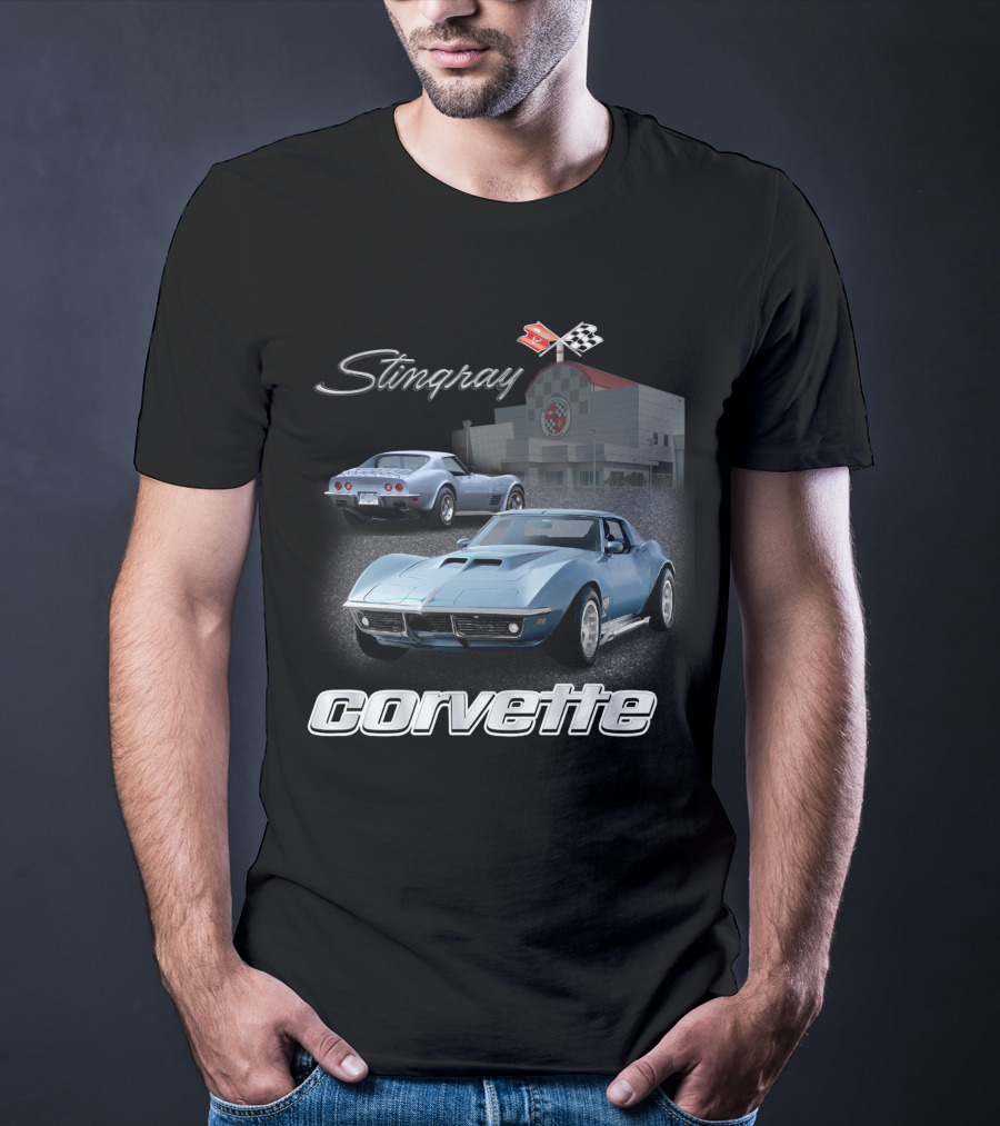 Stingray Corvette Classic C3 At Museum With Racing Flag Emblem T-Shirt