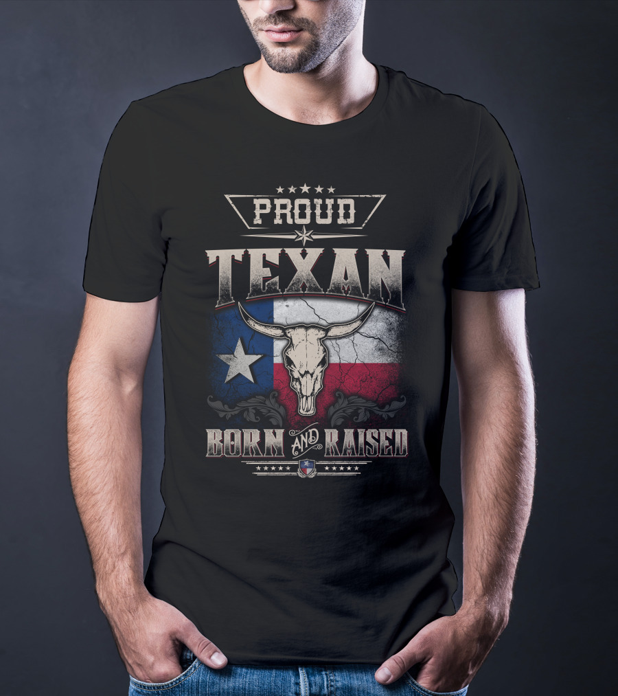 Proud Texan Born And Raised Texas Flag Longhorn Skull T-Shirt