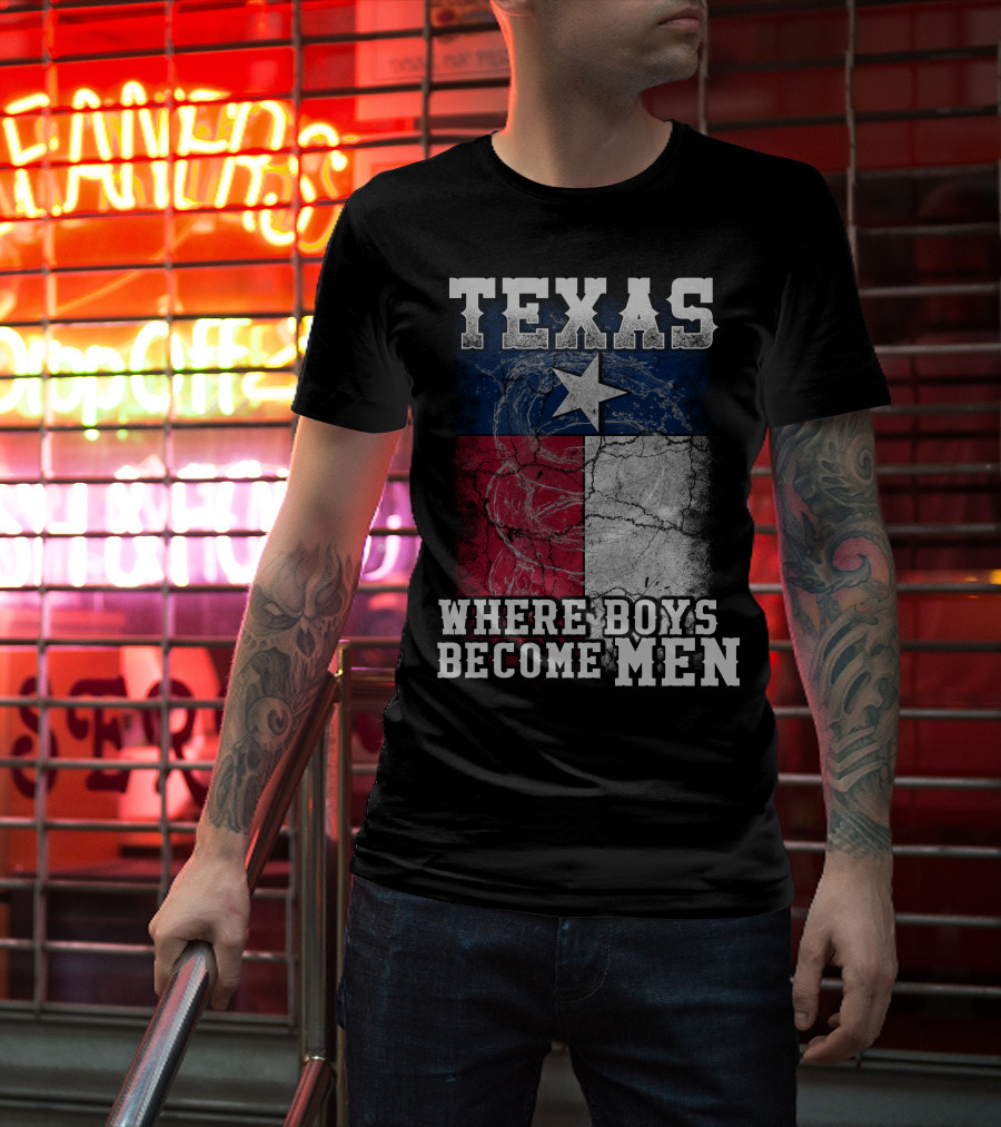 Texas Where Boys Become Men Lone Star Flag Cracked T-Shirt