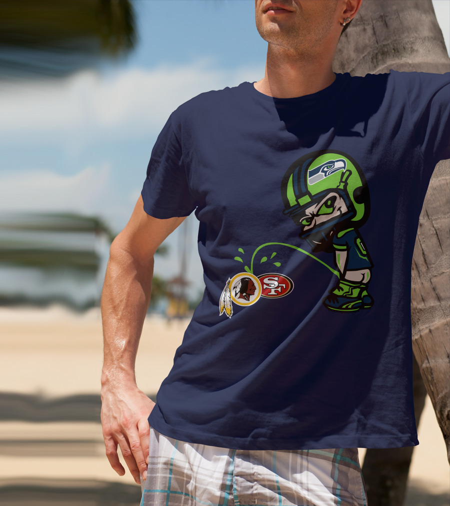 Seattle Seahawks Rivalry Cartoon With San Francisco 49ers And Washington Logos T-Shirt