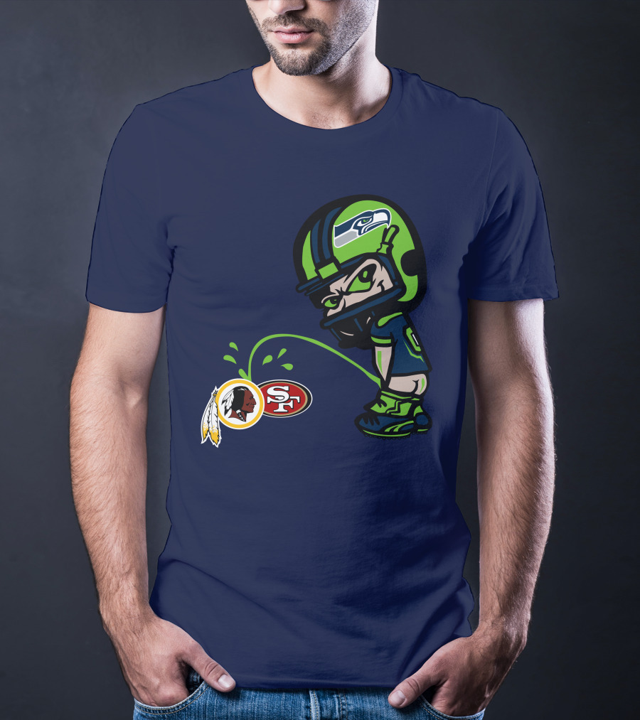Seattle Seahawks Rivalry Cartoon With San Francisco 49ers And Washington Logos T-Shirt