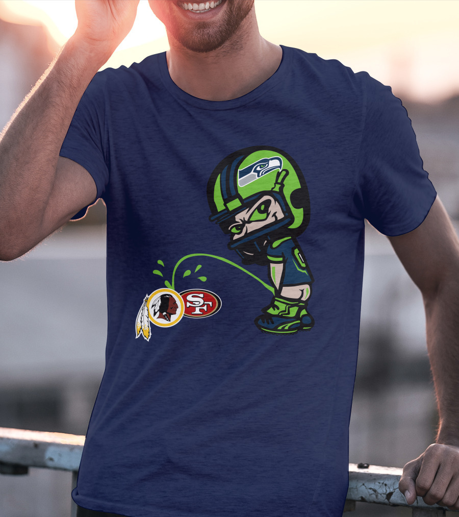 Seattle Seahawks Rivalry Cartoon With San Francisco 49ers And Washington Logos T-Shirt
