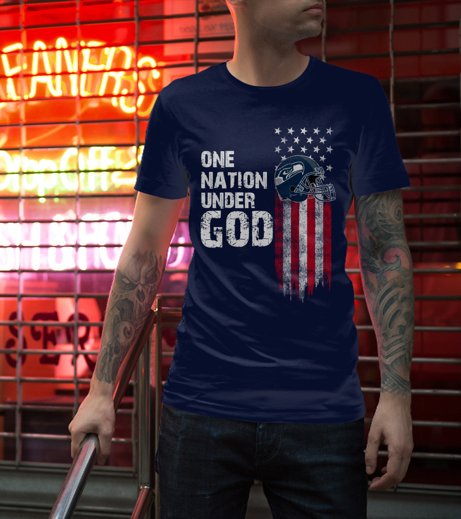One Nation Under God Seattle Seahawks Flag Helmet Stars Stripes T-Shirt
