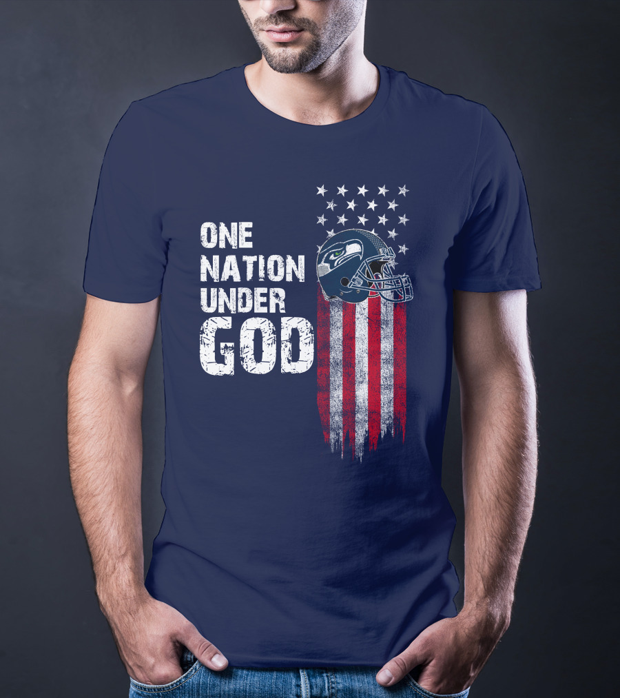 One Nation Under God Seattle Seahawks Flag Helmet Stars Stripes T-Shirt