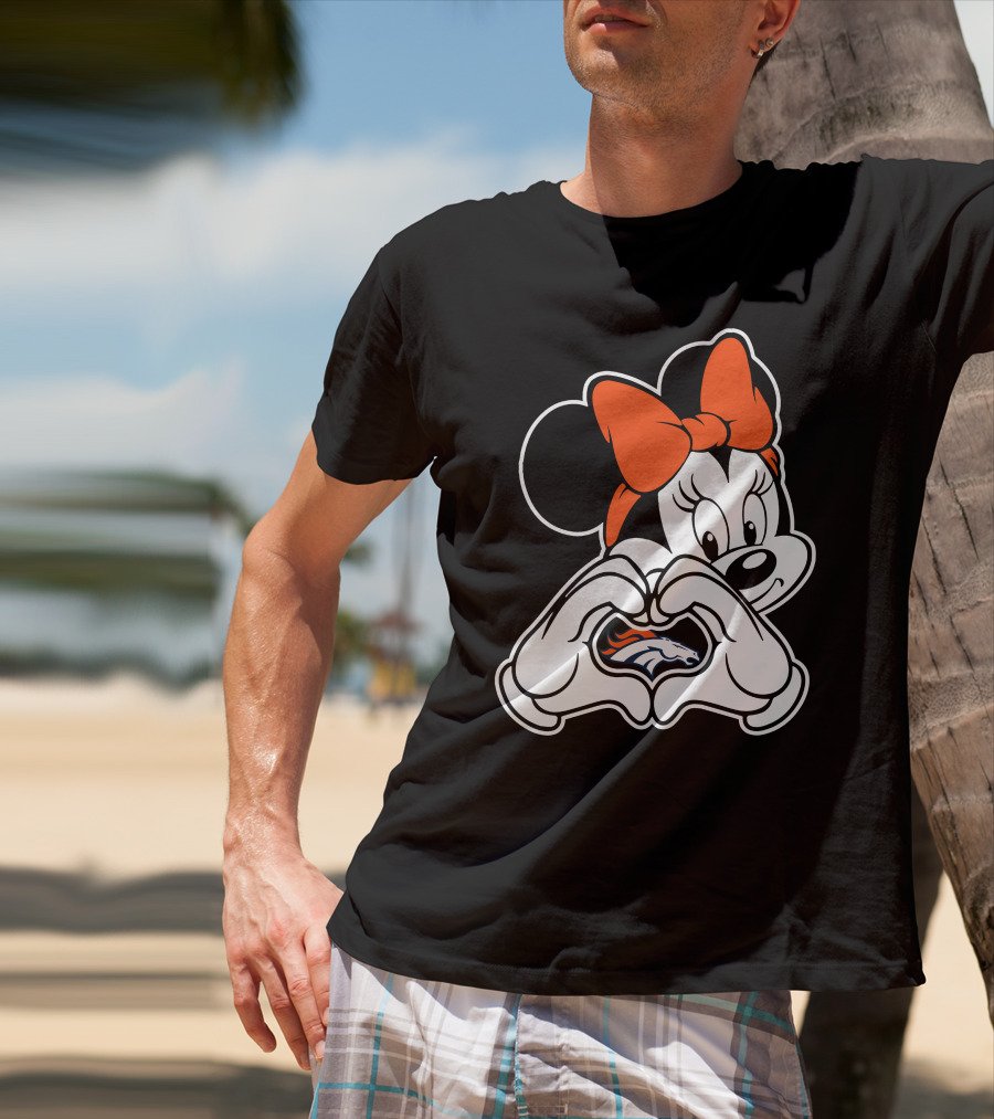 Minnie Mouse Heart Hands Denver Broncos Logo On Black Background With Orange Bow T-Shirt