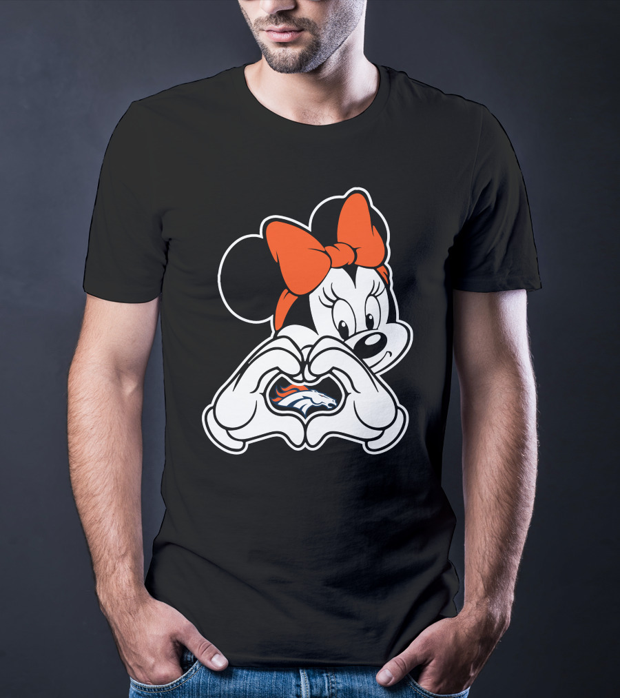Minnie Mouse Heart Hands Denver Broncos Logo On Black Background With Orange Bow T-Shirt