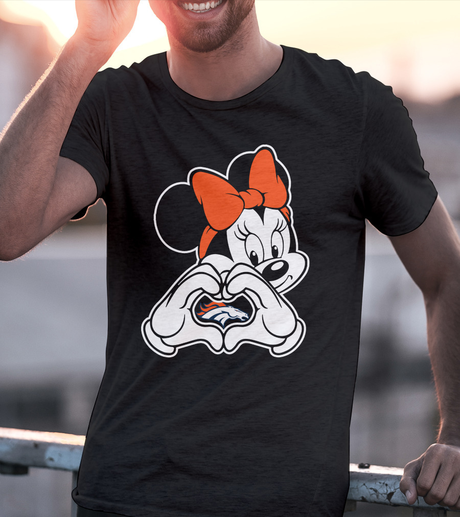 Minnie Mouse Heart Hands Denver Broncos Logo On Black Background With Orange Bow T-Shirt