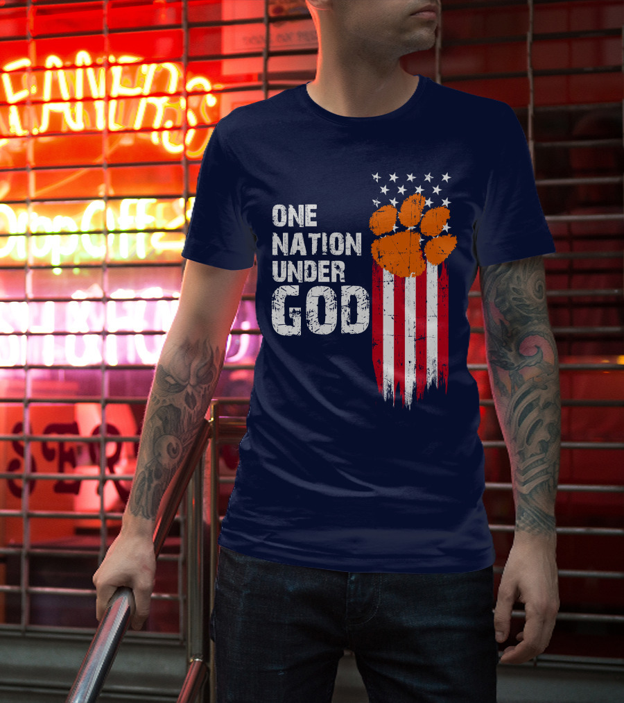 One Nation Under God Clemson Tigers American Flag Paw Print T-Shirt