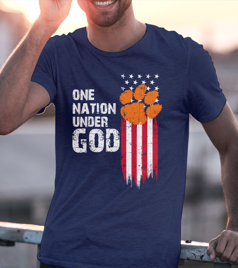One Nation Under God Clemson Tigers American Flag Paw Print T-Shirt