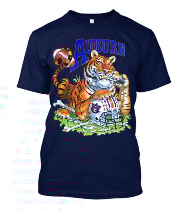 Auburn Tigers Football Tiger Holding Helmet With Bones And Football T-Shirt