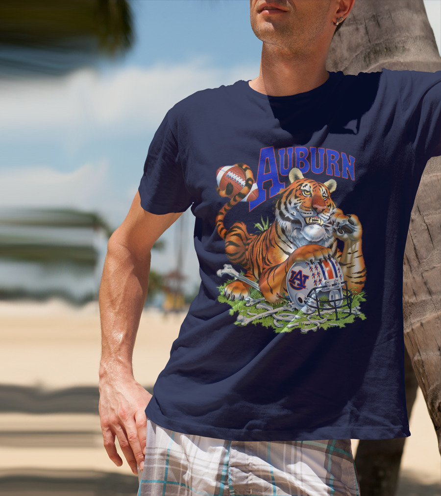 Auburn Tigers Football Tiger Holding Helmet With Bones And Football T-Shirt