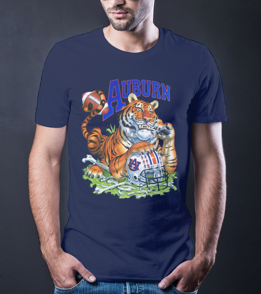 Auburn Tigers Football Tiger Holding Helmet With Bones And Football T-Shirt