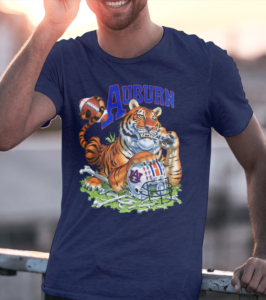Auburn Tigers Football Tiger Holding Helmet With Bones And Football T-Shirt
