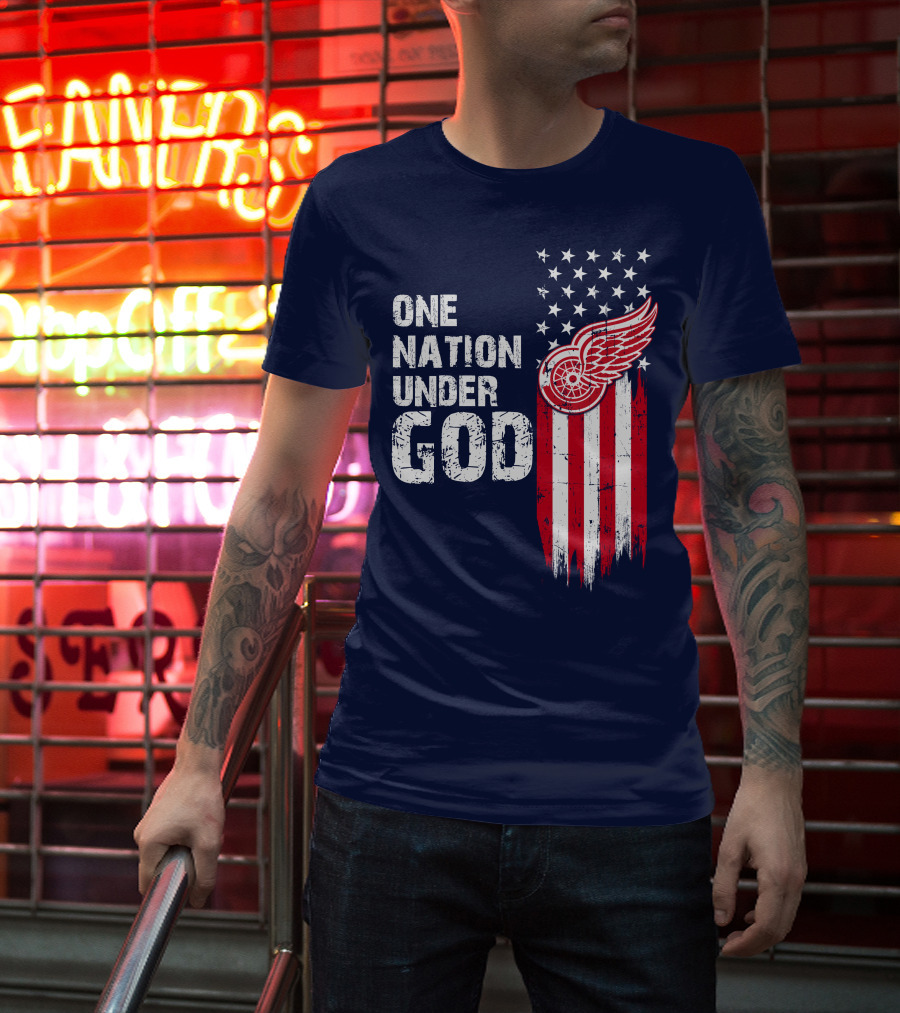 One Nation Under God Detroit Redwings American Flag Stars And Stripes T-Shirt
