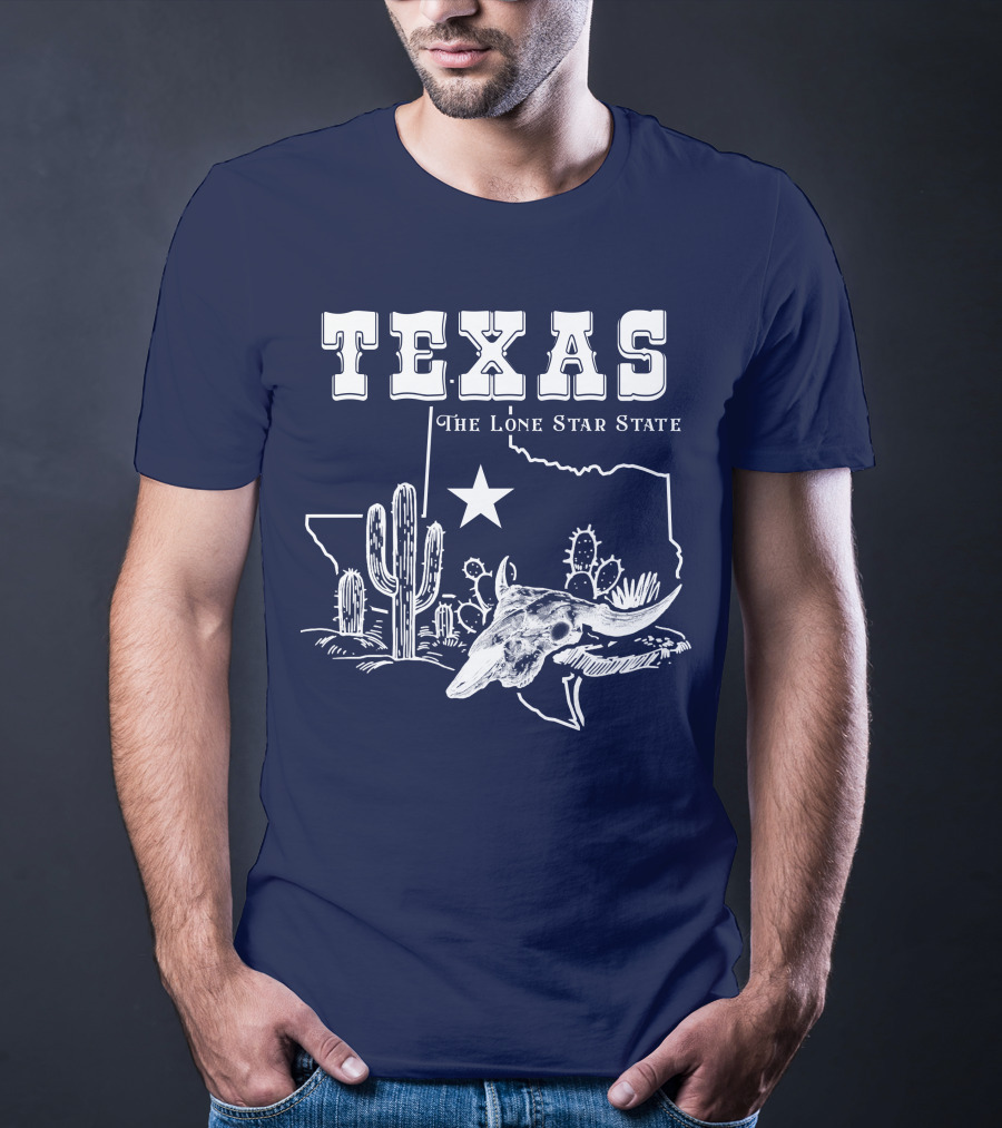 Texas The Lone Star State Map Outline With Cactus And Bull Skull T-Shirt