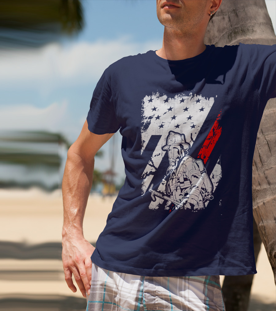 The Firefighters American Flag Tribute Heroic Firefighter With Axe And Stars And Stripes T-Shirt