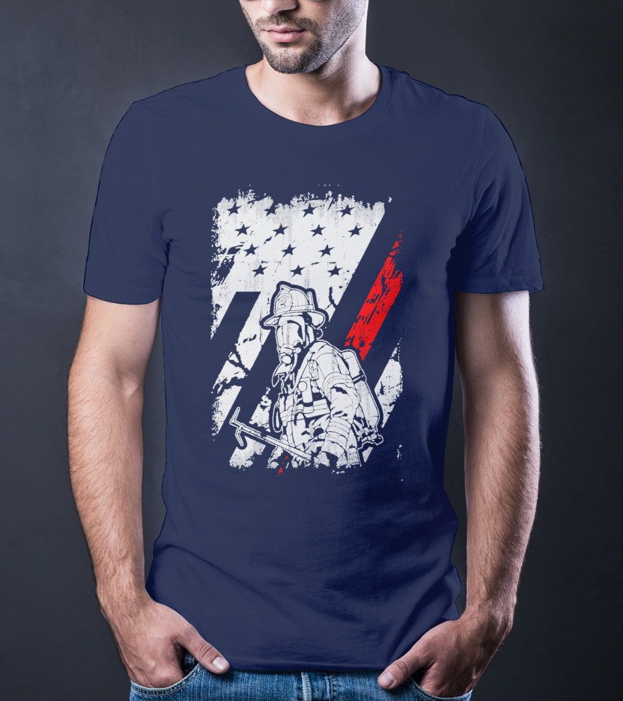 The Firefighters American Flag Tribute Heroic Firefighter With Axe And Stars And Stripes T-Shirt