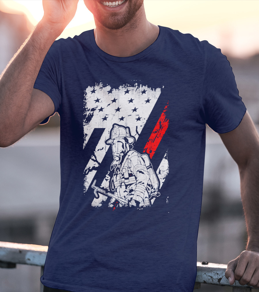 The Firefighters American Flag Tribute Heroic Firefighter With Axe And Stars And Stripes T-Shirt