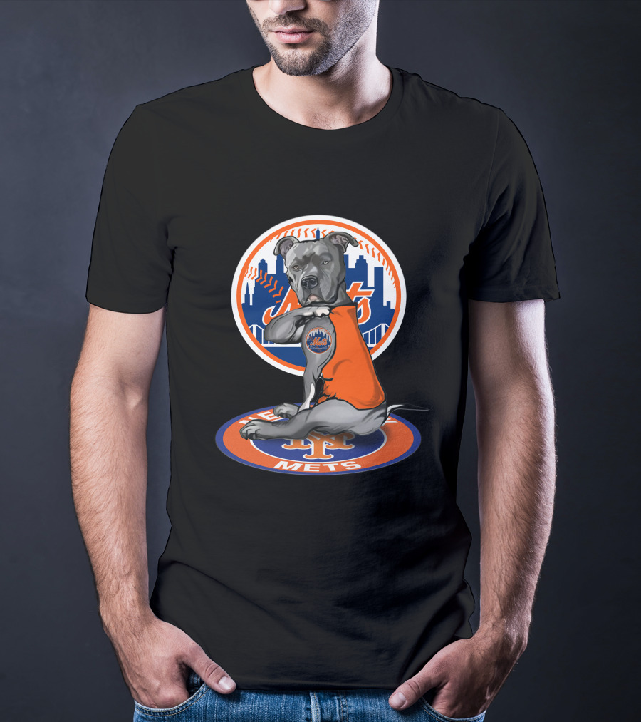 New York Mets Dog In Orange Shirt With Team Logo And Skyline T-Shirt