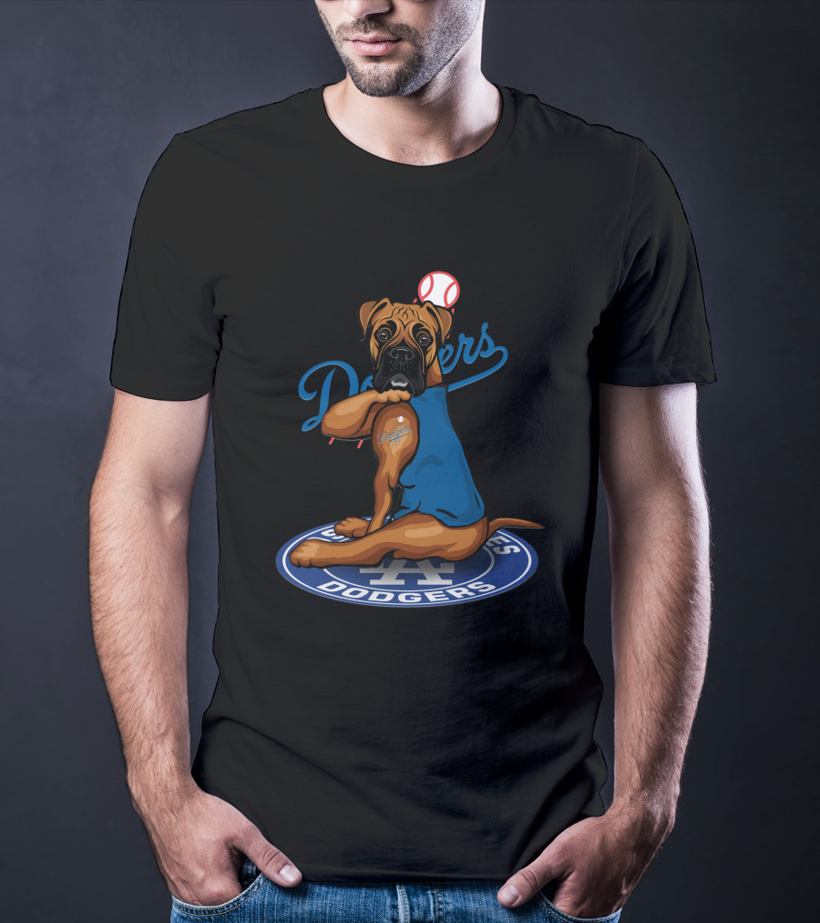 Los Angeles Dodgers Boxer Dog With Baseball And Logo Elements T-Shirt