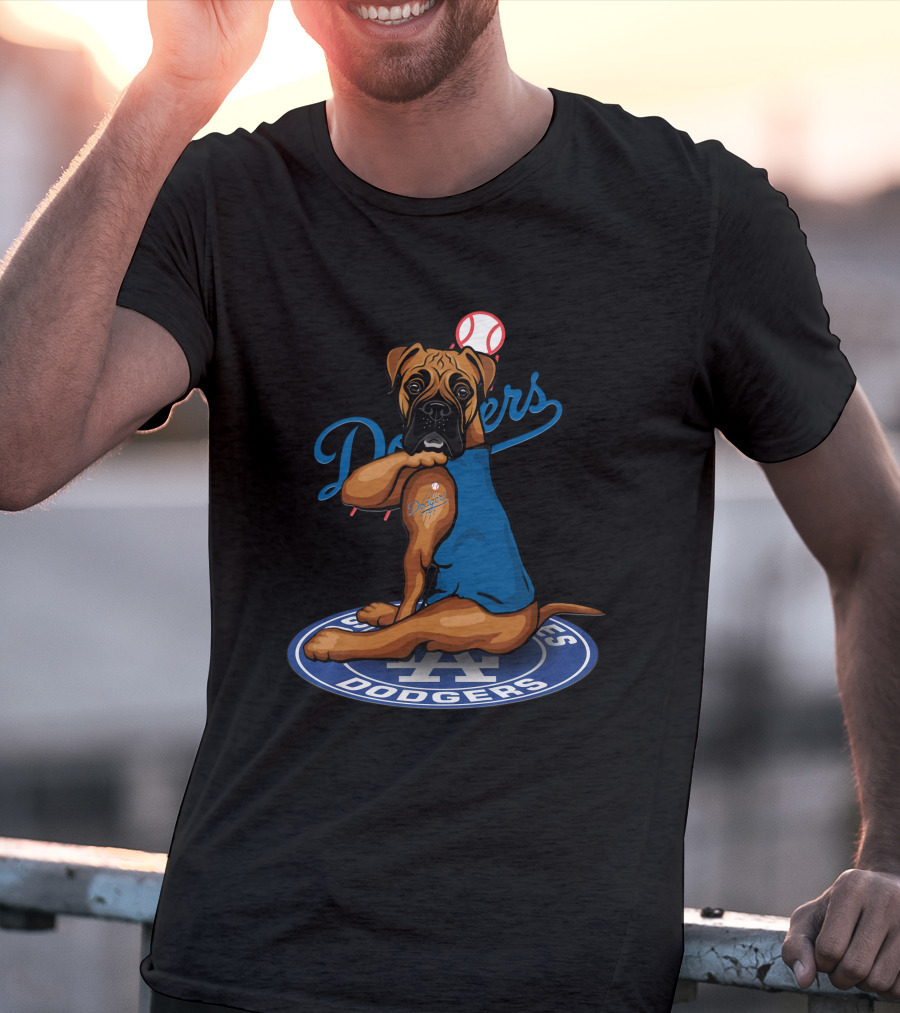 Los Angeles Dodgers Boxer Dog With Baseball And Logo Elements T-Shirt