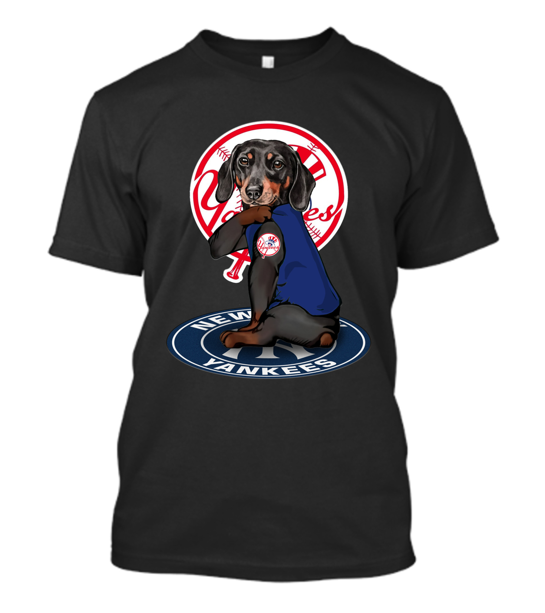 Yankees Dachshund In New York Yankees Logo With Baseball Elements T-Shirt
