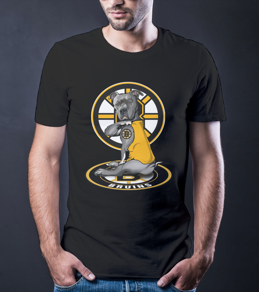 Boston Bruins Dog With Yellow Jersey And Hockey T-Shirt