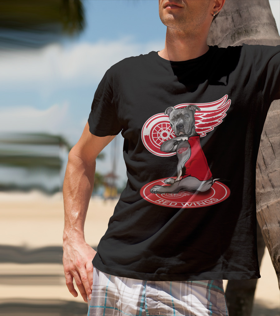 Detroit Red Wings Dog With Logo Wings And Red Vest T-Shirt