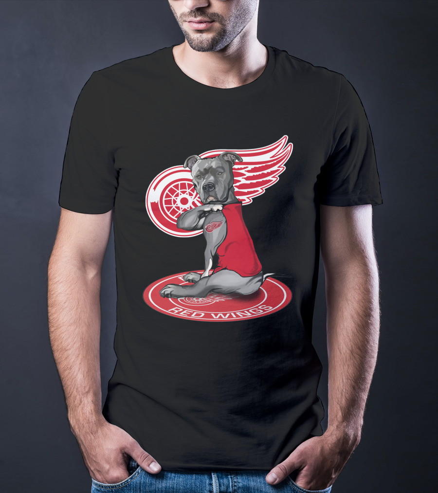 Detroit Red Wings Dog With Logo Wings And Red Vest T-Shirt