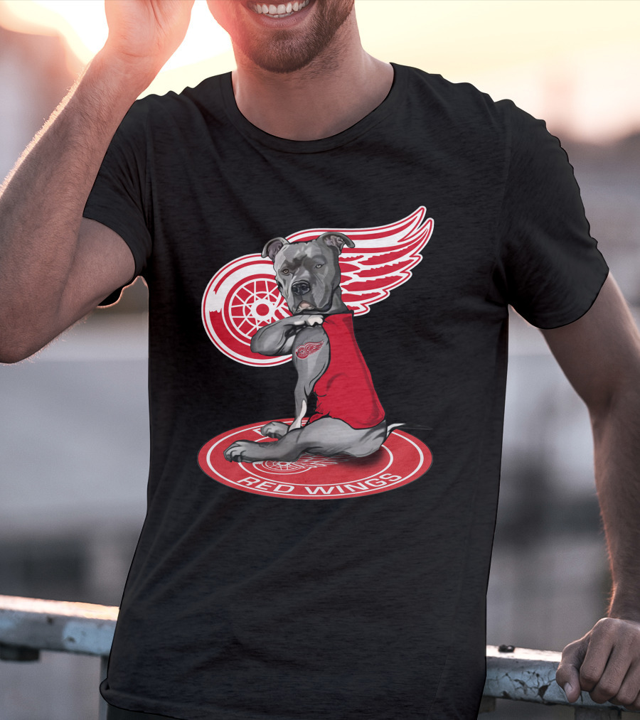 Detroit Red Wings Dog With Logo Wings And Red Vest T-Shirt