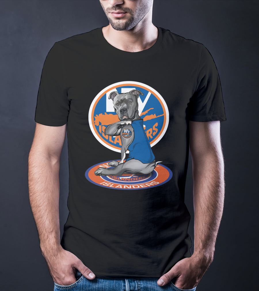 NY Islanders Dog Wearing Team Logo With Circular Orange T-Shirt
