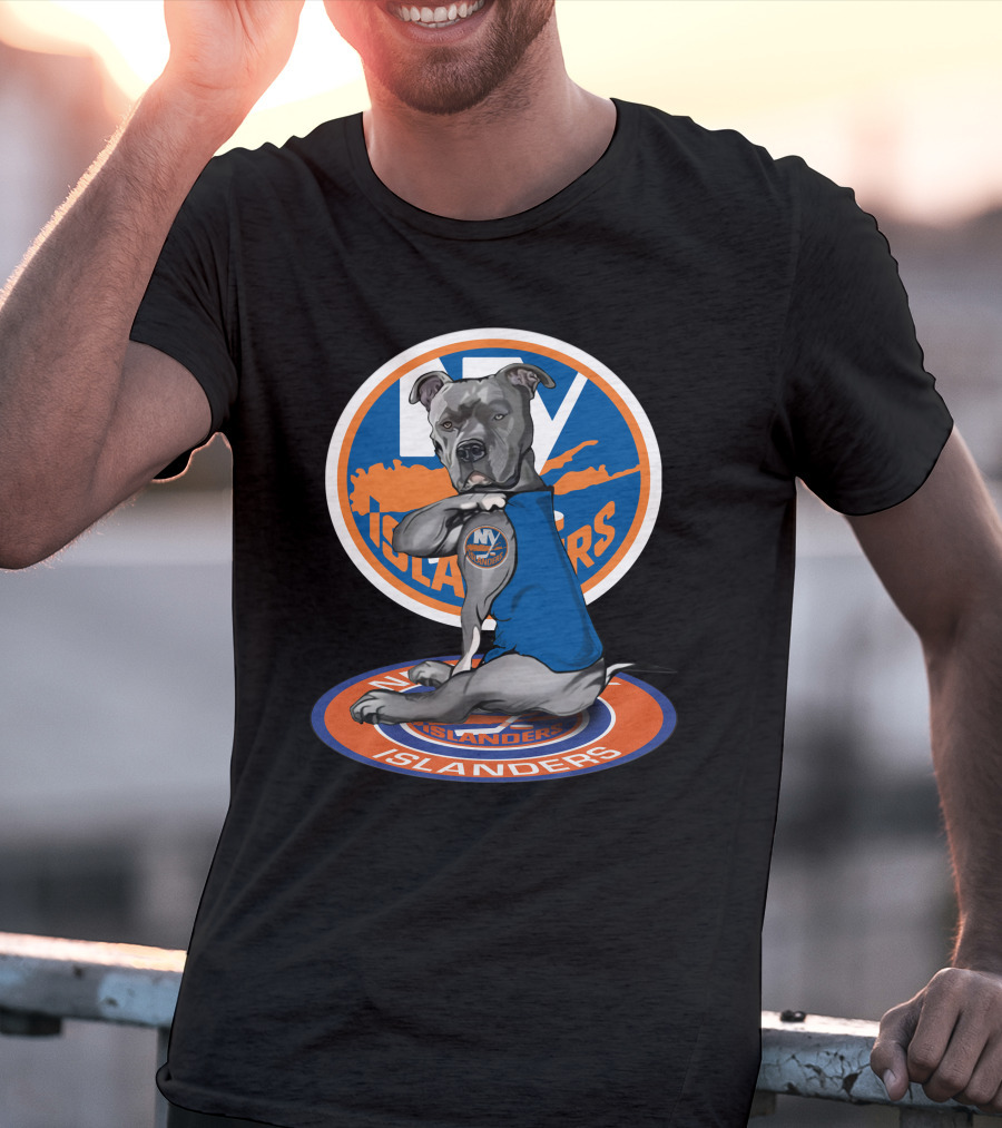 NY Islanders Dog Wearing Team Logo With Circular Orange T-Shirt