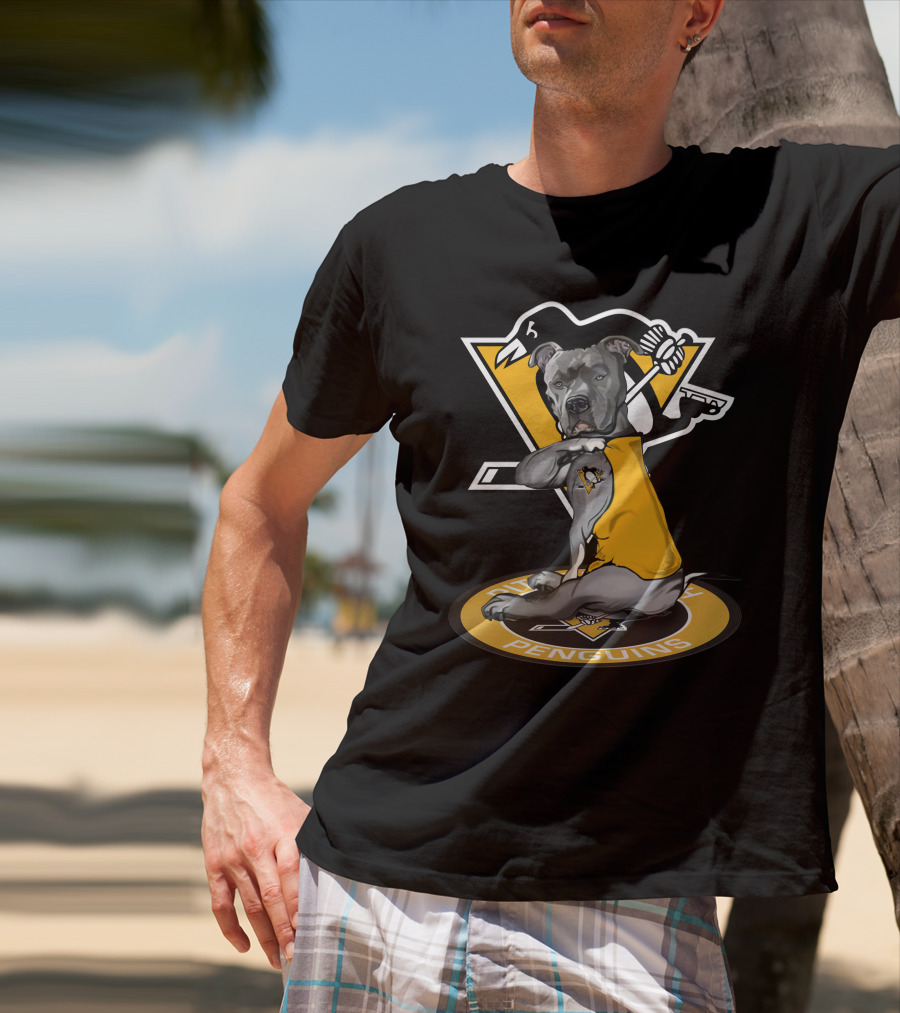 Pittsburgh Penguins Dog In Yellow Jersey With Hockey Stick T-Shirt