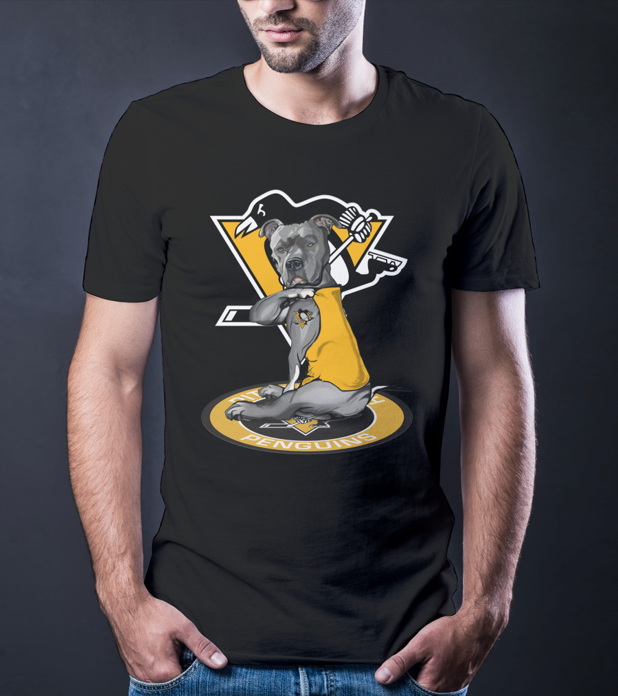 Pittsburgh Penguins Dog In Yellow Jersey With Hockey Stick T-Shirt
