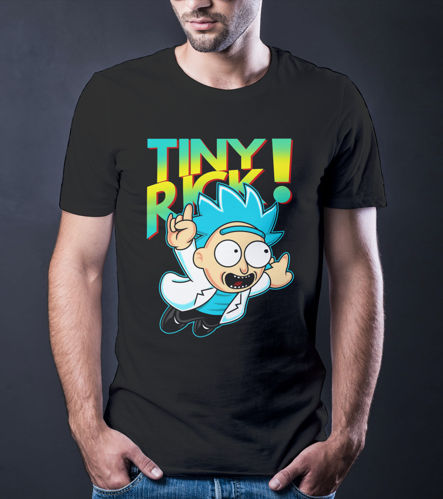Tiny Rick Flying Character With Blue Hair And White Lab Coat T-Shirt