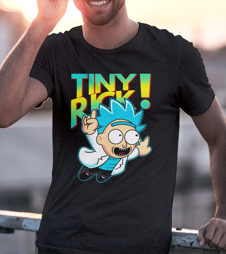 Tiny Rick Flying Character With Blue Hair And White Lab Coat T-Shirt