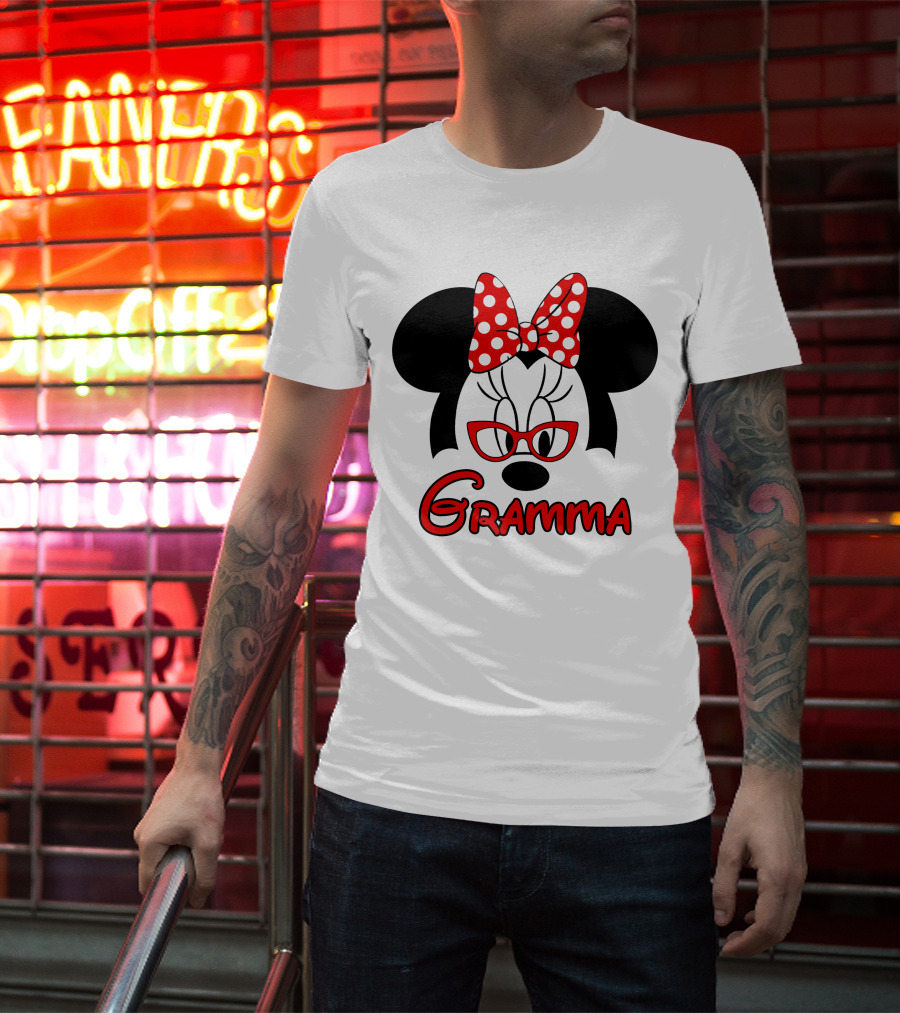 Minnie Mouse Gramma Red Glasses And Polka Dot Bow T-Shirt