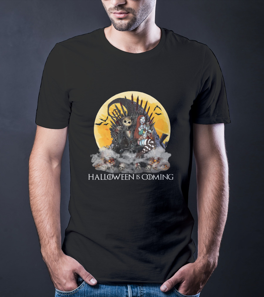 Halloween Is Coming With Skeleton King And Gothic Queen Throne Moon Bats Skulls T-Shirt