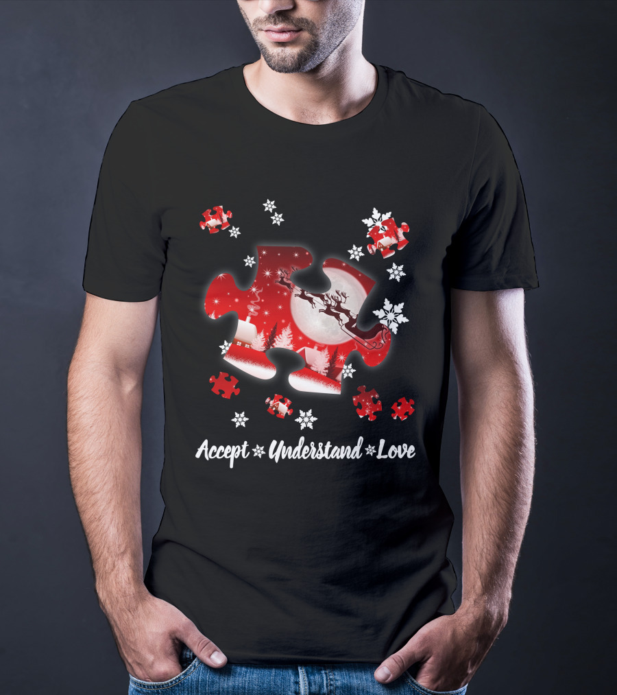 Accept Understand Love Autism Puzzle Christmas Snowflakes Santa Sleigh T-Shirt