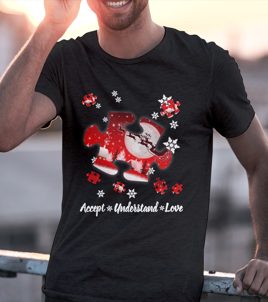 Accept Understand Love Autism Puzzle Christmas Snowflakes Santa Sleigh T-Shirt