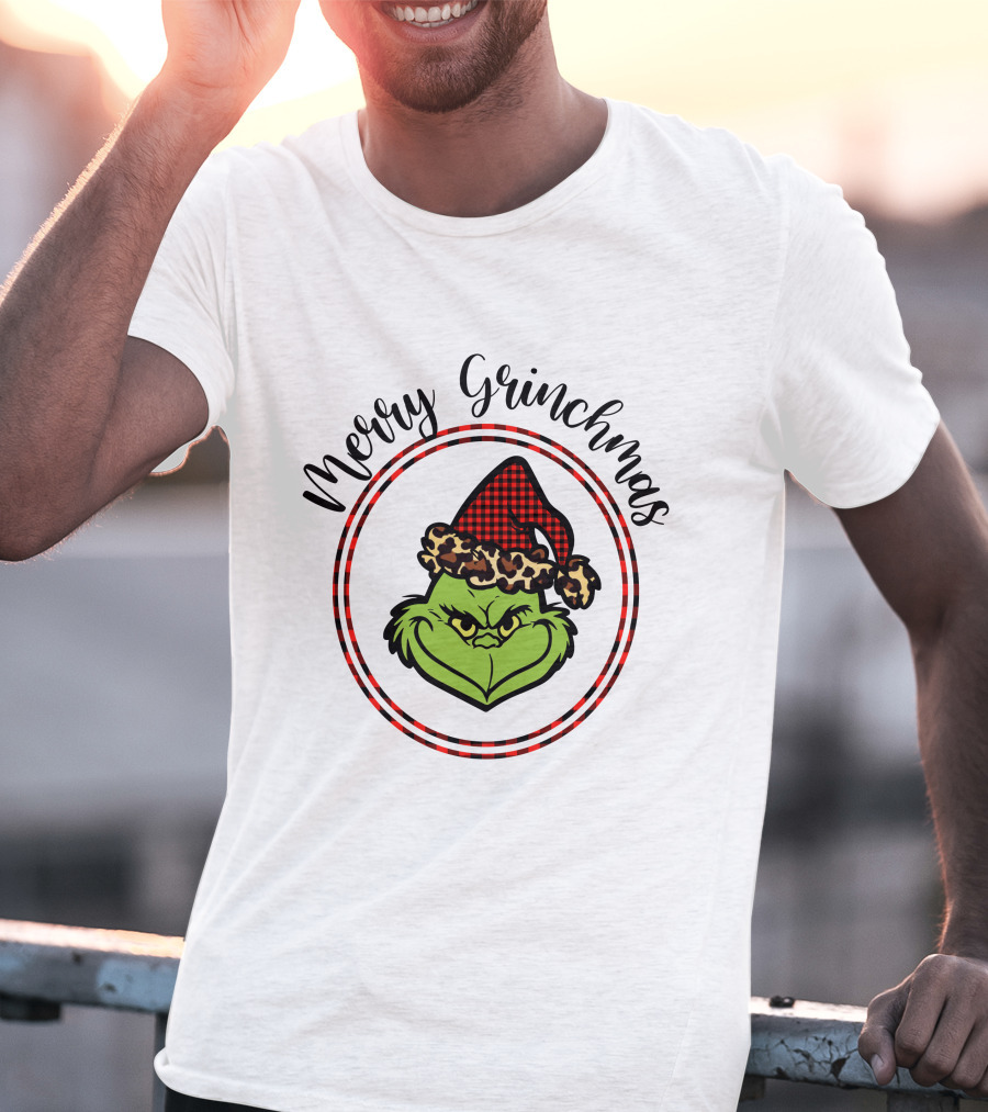 Merry Grinchmas Plaid Santa Hat Grinch Face T-Shirt