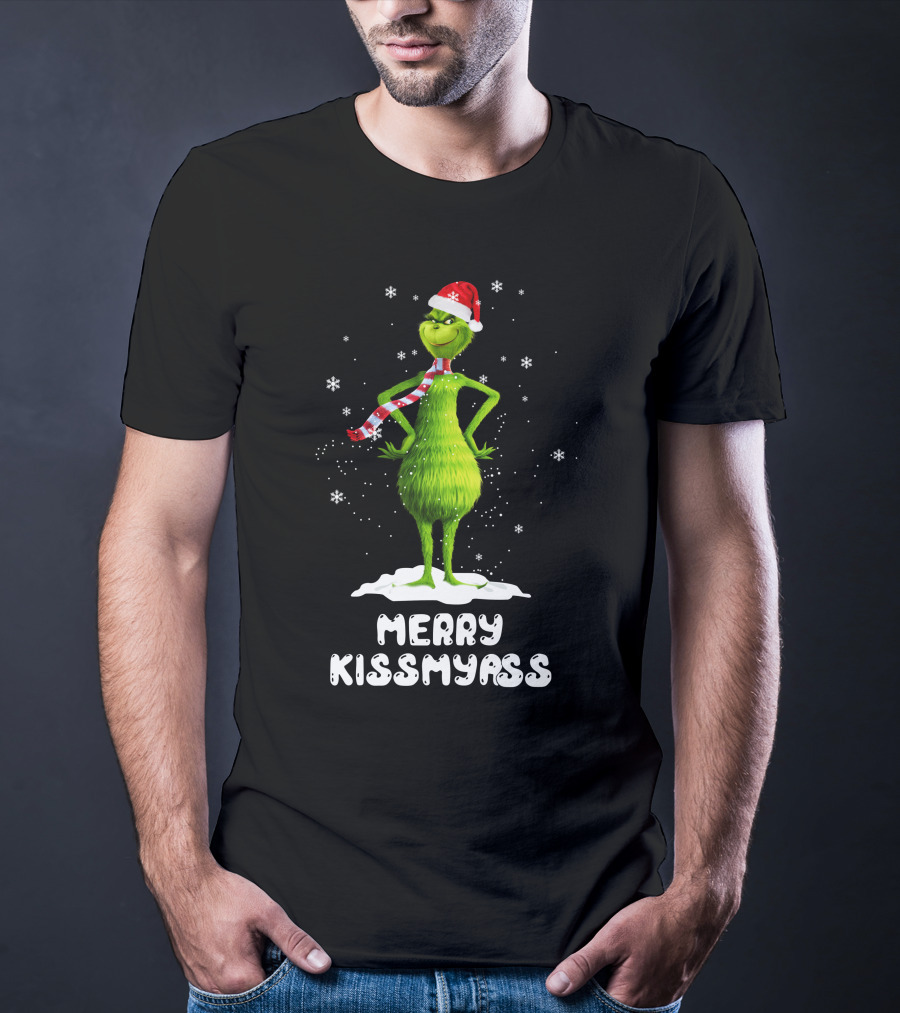 Merry KissMyAss Grinch Santa Hat Scarf Snowflakes T-Shirt