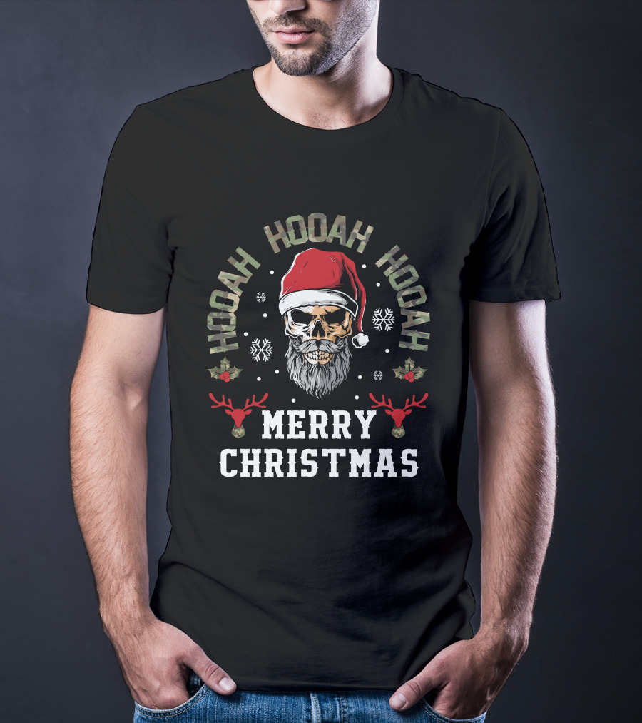 Hooah Hooah Hooah Merry Christmas Skull Santa Hat Reindeer T-Shirt
