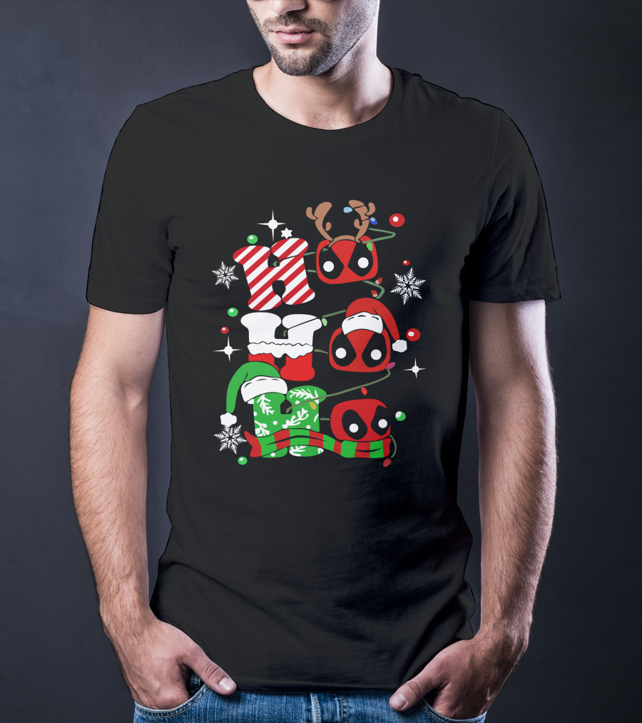 Deadpool Ho Ho Ho Christmas Reindeer Antlers Santa Hat Snowflakes T-Shirt