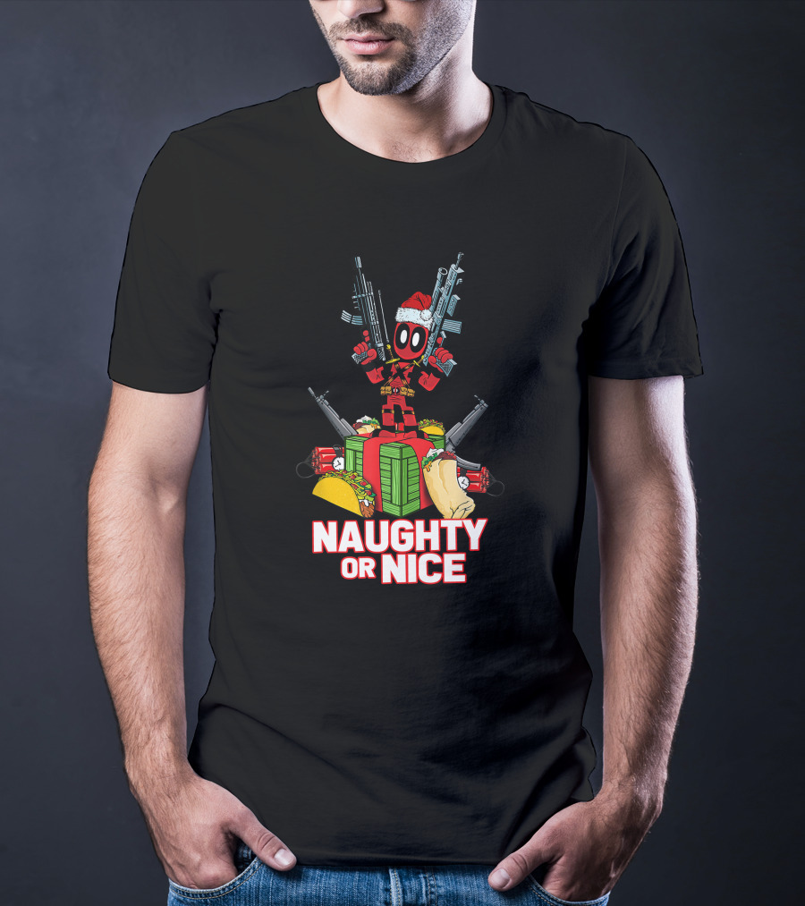 Naughty Or Nice Deadpool Christmas Guns Tacos Burritos T-Shirt